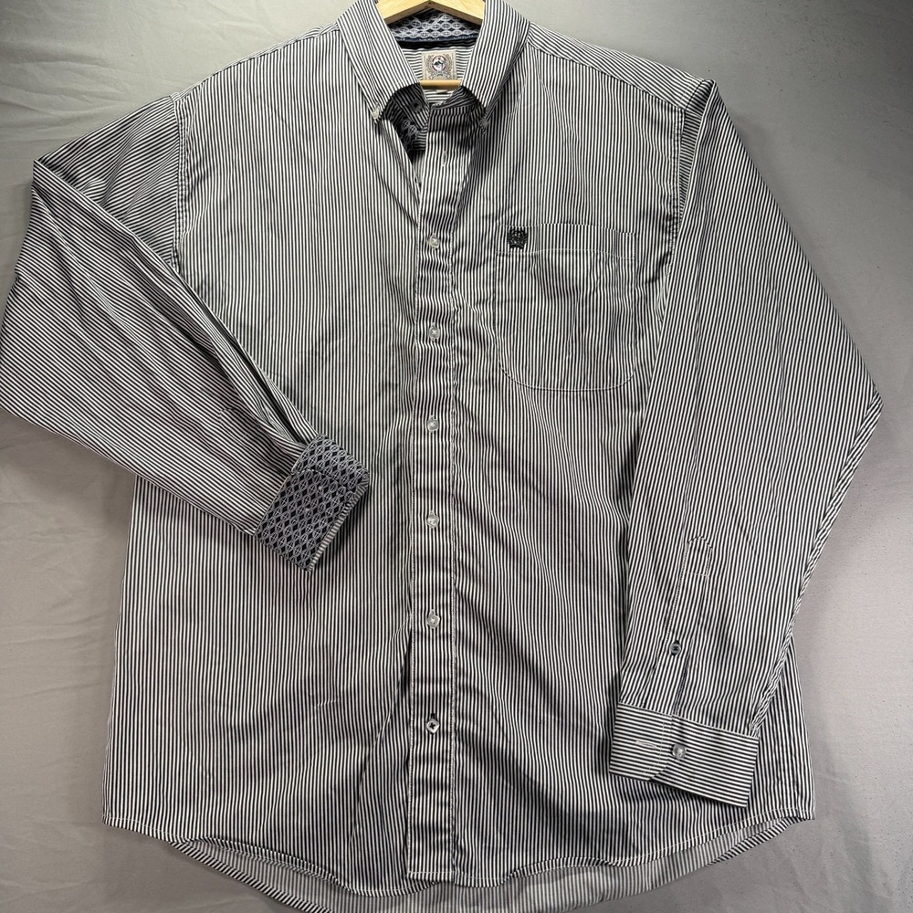 Cinch Button Down Shirt Mens Medium Long Sleeve White Striped Rodeo Western